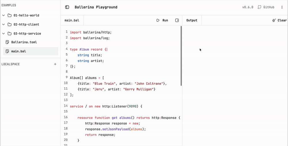 Ballerina Playground running a program in the browser